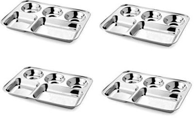Sharda Metals Stainless Steel Dinner Plate/Thali with Rectangle Compartments, Set of ( 4Pieces)
