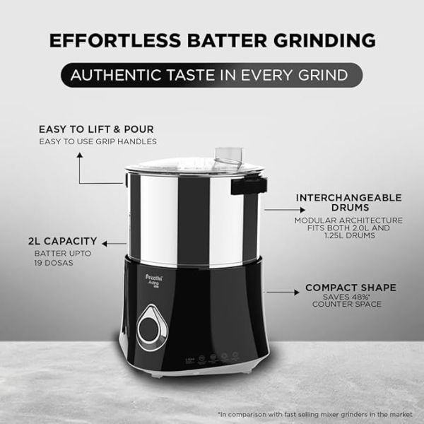 Preethi Wet Grinder Stainless Steel Astra Expert Table Top With Food Processor, 2 Liter (Black) 150 Watts